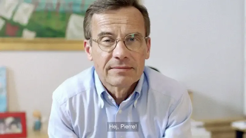 Screenshot of a video showing Ulf Kristersson saying &ldquo;Hej Pierre&rdquo;